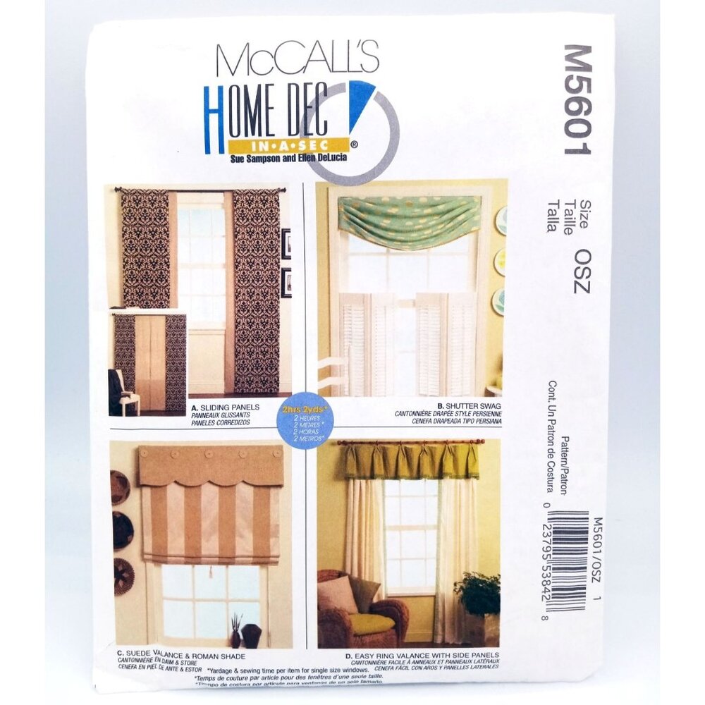 McCalls Pattern M5601 Home Dec in a Sec Window Panels Shade Swag Valance Uncut